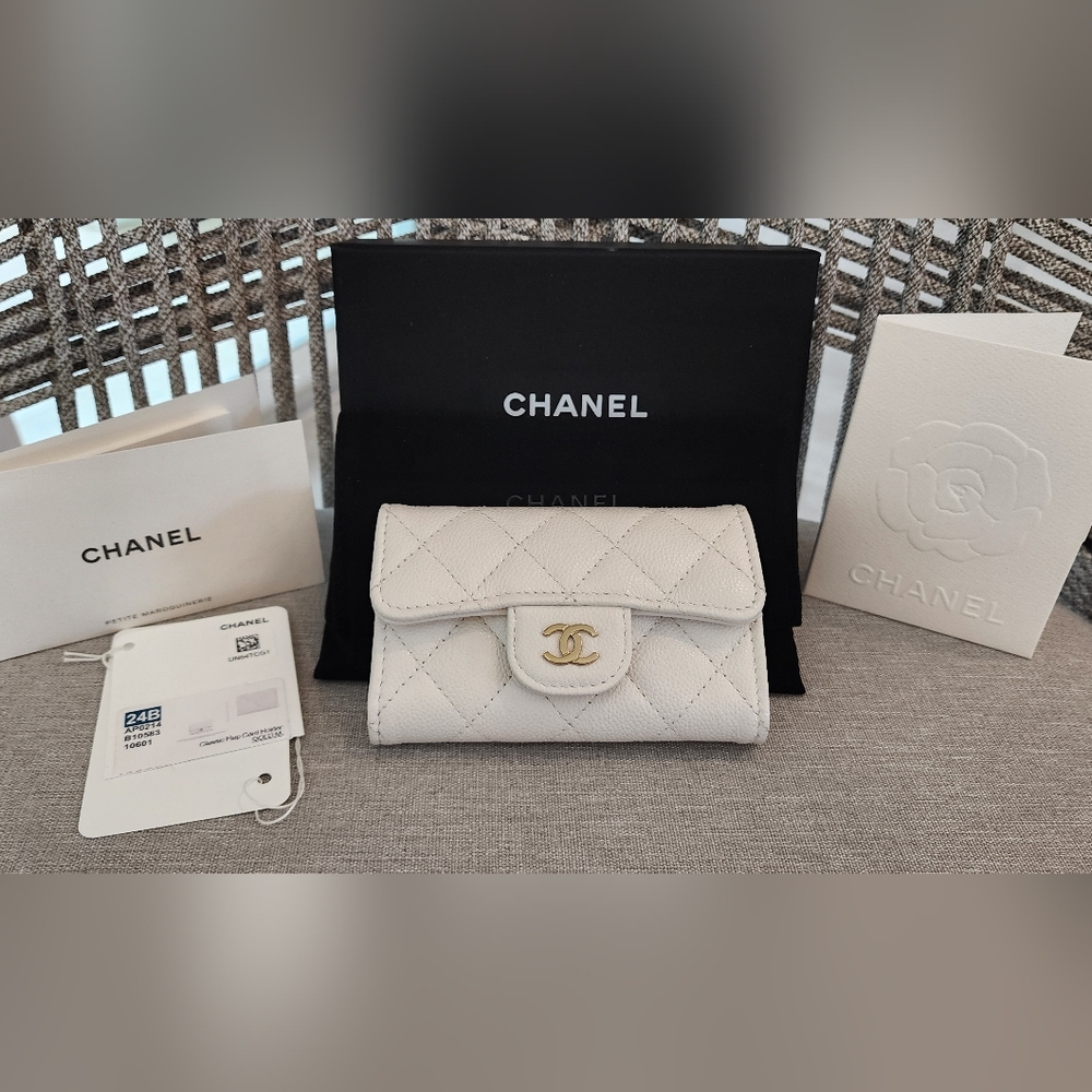 Chanel white card holder wallet with tags
